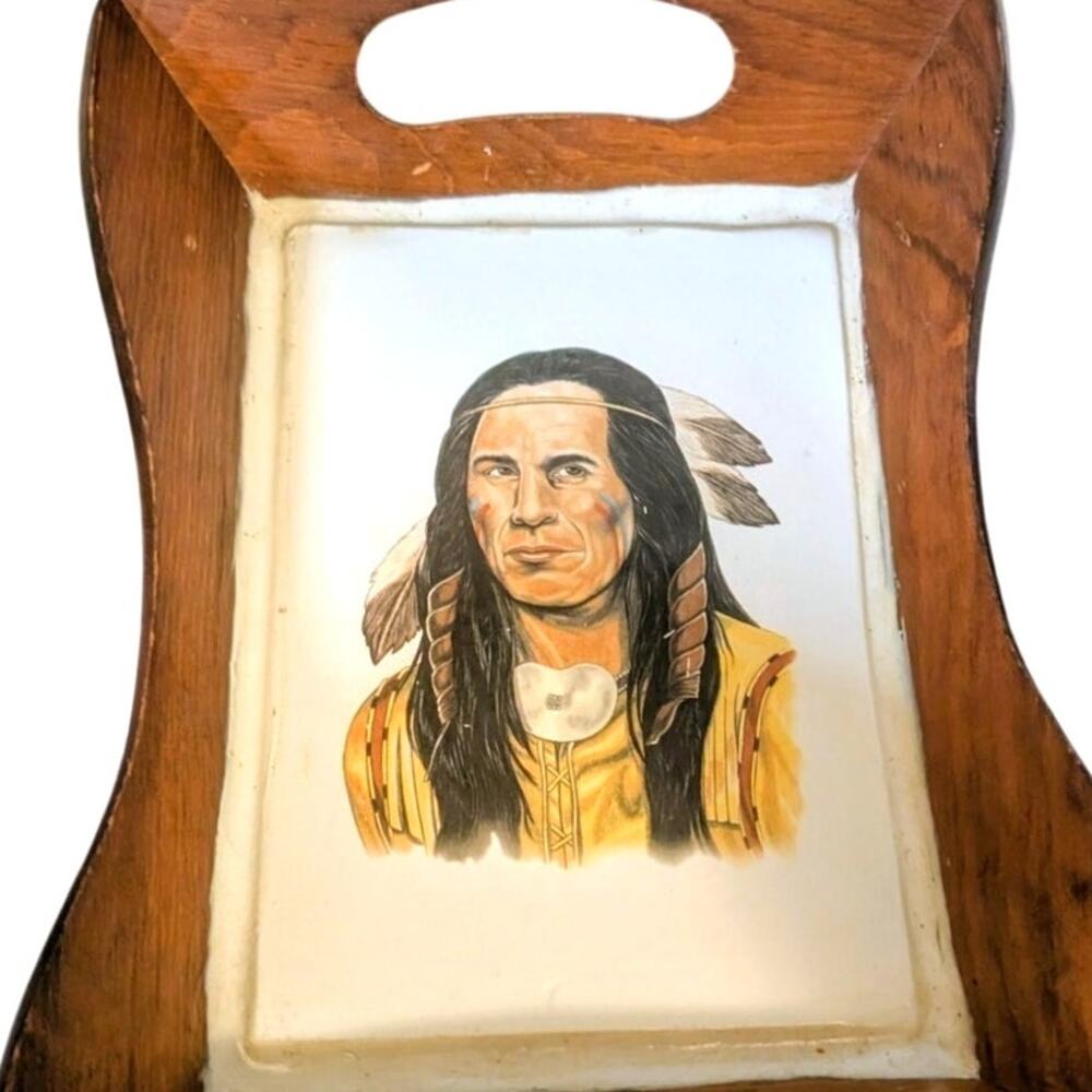 Vintage Painted Indian Ceramic Tile Wood Handled Tray